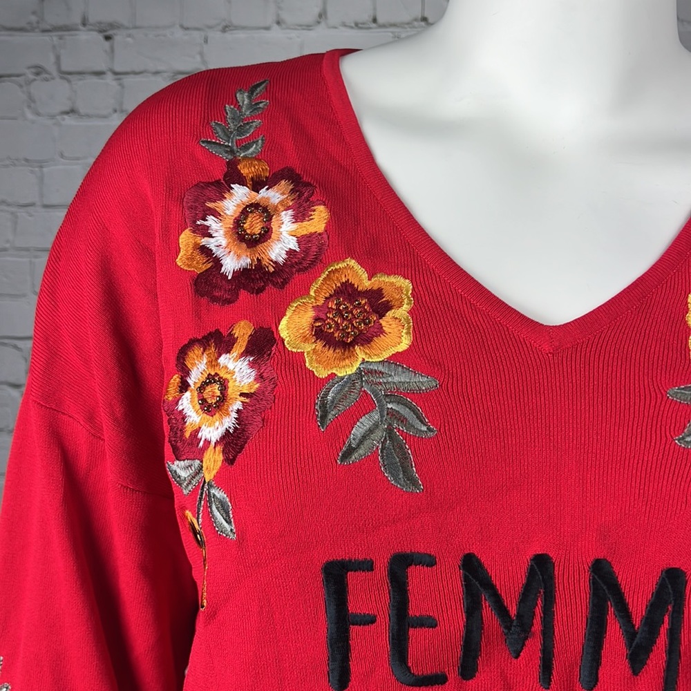 INC Red Embroidered Bell Sleeve Femme Sweater Plus Size 1X 2X 3X - Picture 5 of 6